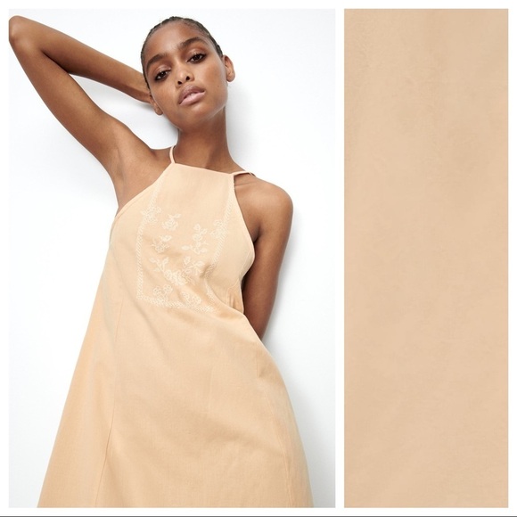 NWT. Zara Beige-Pink/Peach Linen Blend Embroidered Midi Dress. Size M. - Picture 4 of 12